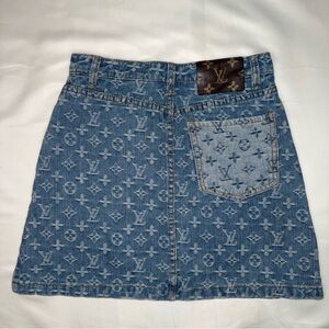 Y2K Denim Mini Skirt Monogram Print – Button Front (Size XS)